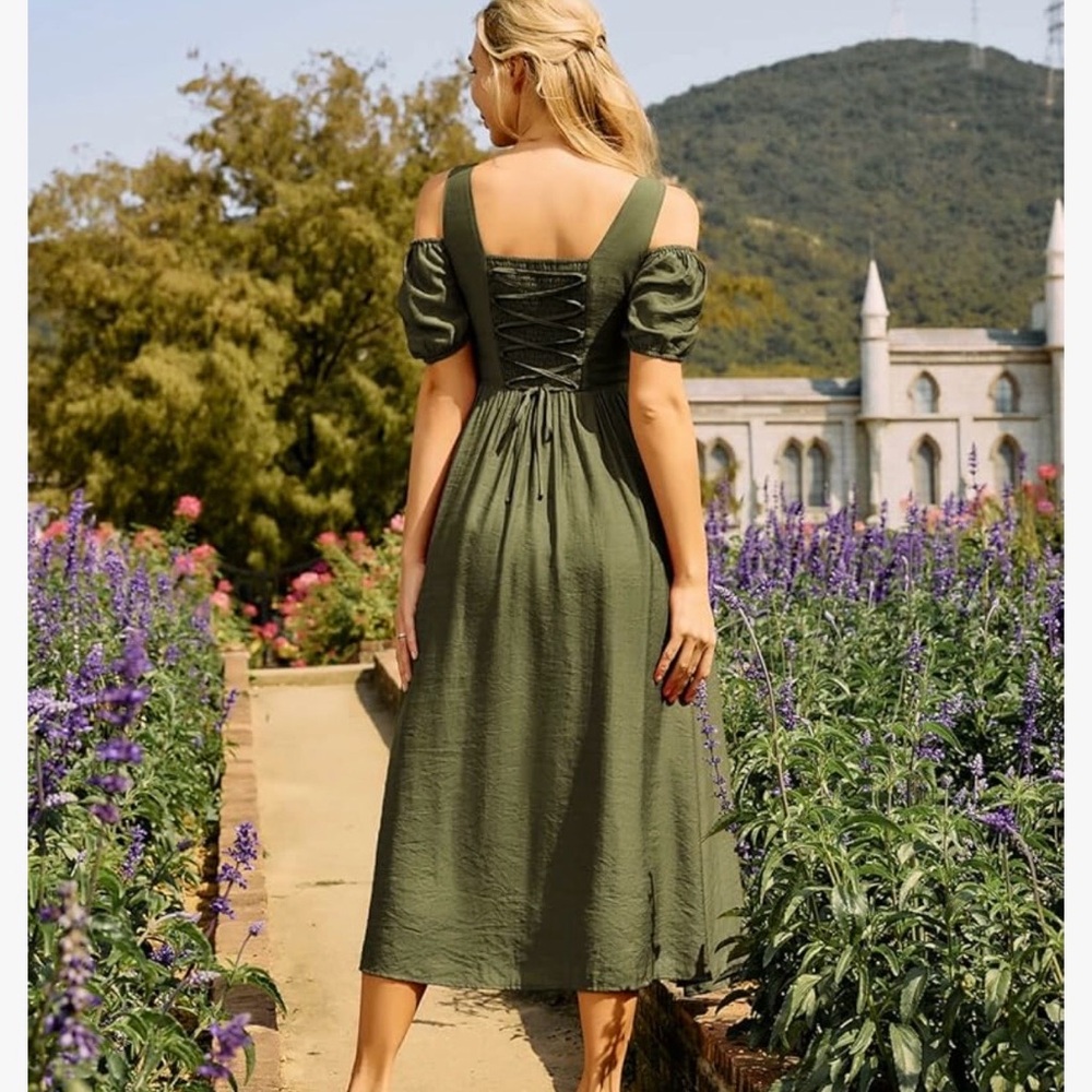 Scarlet Darkness Cold Shoulder Olive Green Maxi Dress - Picture 2 of 12